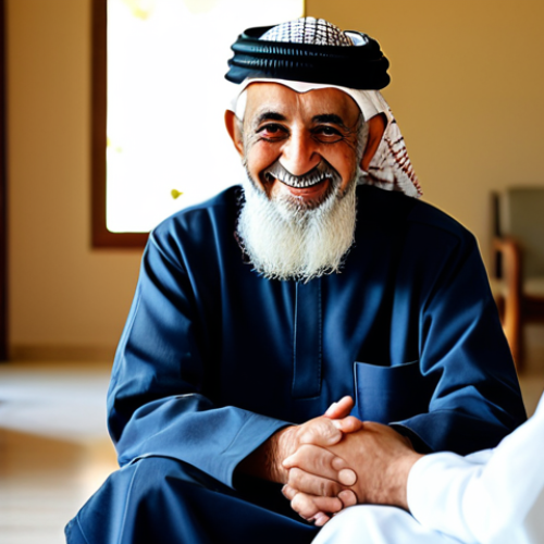 **Prompt 1: Compassionate Elder Care in a Professional Setting**
    A serene portrait of an elderly Arab man with a gentle smile, comfortably seated in a sunlit, modern common area of a dignified care facility. He is fully clothed in a modest, long-sleeved traditional thobe, appropriate attire. A professional caregiver, whose hands are visible, is gently assisting him with an activity, demonstrating compassionate and respectful interaction. The background is softly blurred, featuring clean, minimalist decor with warm lighting and subtle artistic elements, reflecting a calm and welcoming environment.
    *   **Quality Modifiers**: Professional photography, high detail, natural lighting, serene atmosphere, perfect anatomy, correct proportions, natural pose, well-formed hands, proper finger count, natural body proportions.
    *   **Safety Terms**: safe for work, appropriate content, fully clothed, modest clothing, family-friendly.