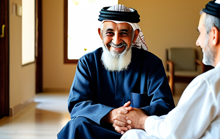 **Prompt 1: Compassionate Elder Care in a Professional Setting**
    A serene portrait of an elderly Arab man with a gentle smile, comfortably seated in a sunlit, modern common area of a dignified care facility. He is fully clothed in a modest, long-sleeved traditional thobe, appropriate attire. A professional caregiver, whose hands are visible, is gently assisting him with an activity, demonstrating compassionate and respectful interaction. The background is softly blurred, featuring clean, minimalist decor with warm lighting and subtle artistic elements, reflecting a calm and welcoming environment.
    *   **Quality Modifiers**: Professional photography, high detail, natural lighting, serene atmosphere, perfect anatomy, correct proportions, natural pose, well-formed hands, proper finger count, natural body proportions.
    *   **Safety Terms**: safe for work, appropriate content, fully clothed, modest clothing, family-friendly.