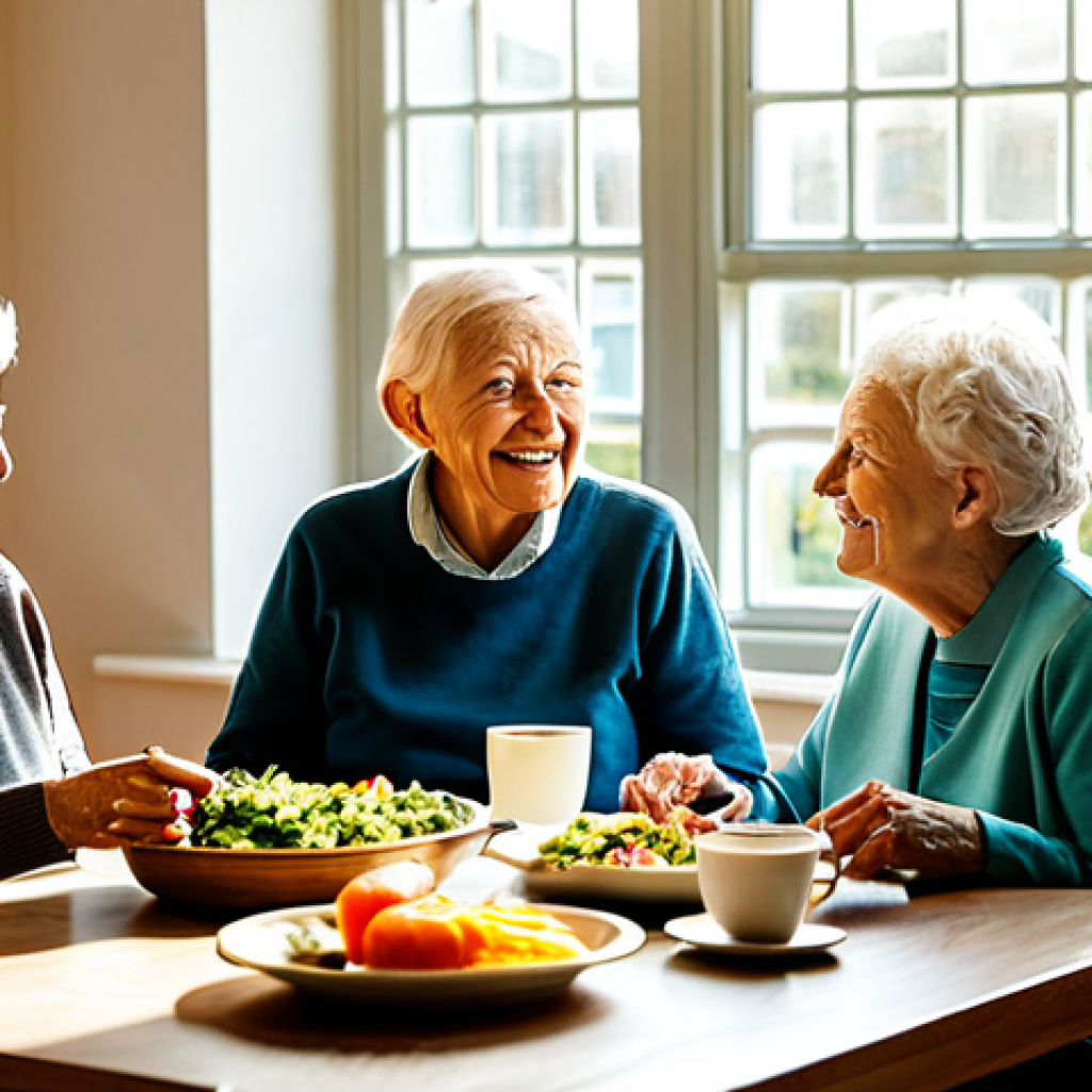 요양병원에서 제공하는 서비스 - **Image Prompt 1:** "A bright and welcoming care home dining room, seniors fully clothed and engaged...