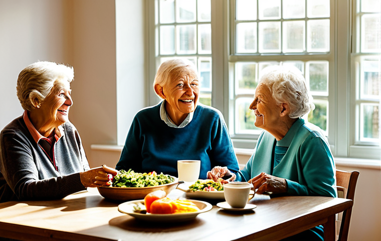 요양병원에서 제공하는 서비스 - **Image Prompt 1:** "A bright and welcoming care home dining room, seniors fully clothed and engaged...