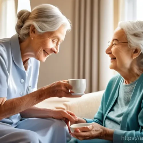 Home 14 요양병원 비용 분류 - An elderly woman, gracefully dressed in modest, comfortable lounge wear, is gently assisted by a kin...