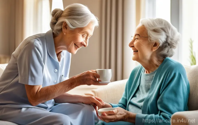 요양병원 비용 분류 - An elderly woman, gracefully dressed in modest, comfortable lounge wear, is gently assisted by a kin...