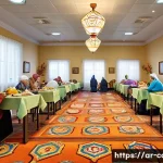 요양병원 식사 품질 후기 - A warm and inviting long-term care hospital dining room scene in an Arabic cultural setting, featuri...