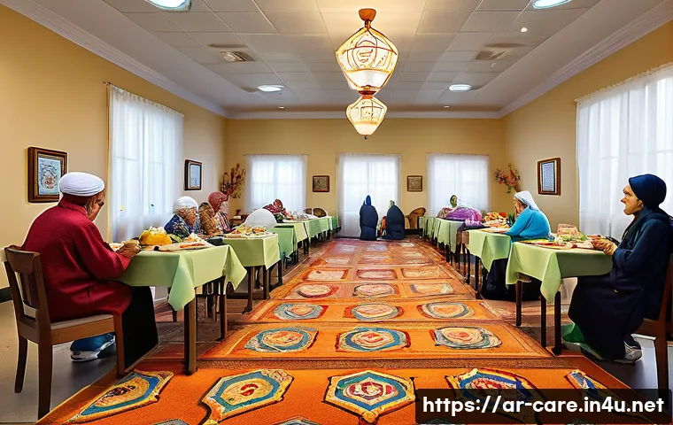 요양병원 식사 품질 후기 - A warm and inviting long-term care hospital dining room scene in an Arabic cultural setting, featuri...