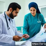 요양병원에서의 약물 치료 사례 - A detailed hospital scene in a modern palliative care ward in an Arabic-speaking country, showing a ...