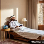 요양병원 퇴원 후 관리 - A warm, well-lit Arabic home interior focused on patient care after hospital discharge: a middle-age...