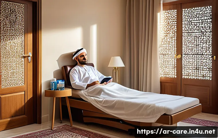 요양병원 퇴원 후 관리 - A warm, well-lit Arabic home interior focused on patient care after hospital discharge: a middle-age...