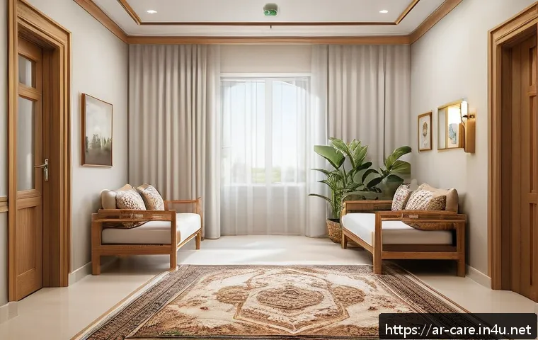치매 환자 돌봄 시스템 - A cozy, well-lit Arab home interior designed for elderly dementia patients, featuring rounded-edge f...