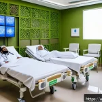 치매 환자 요양병원 서비스 비교 - A modern dementia care hospital room in Saudi Arabia featuring advanced smart monitoring devices and...