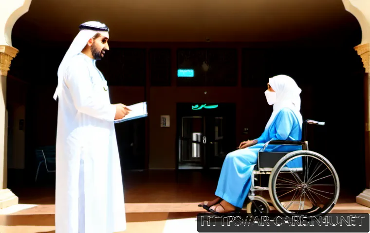 요양병원 입원 절차 상세 가이드 - Photorealistic hospital admission scene in a modern Middle Eastern long-term care hospital, an elder...
