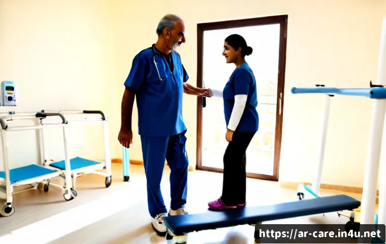 요양병원에서의 운동치료 - Photorealistic rehabilitation session in a modern Arab nursing hospital, an elderly Arab man in mode...
